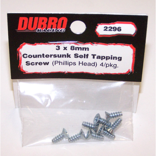 DUBRO 2296 3.0MM X 8 PHILLIPS-HEAD COUNTERSUNK SELF-TAPPING SCREWS (8/PACK)