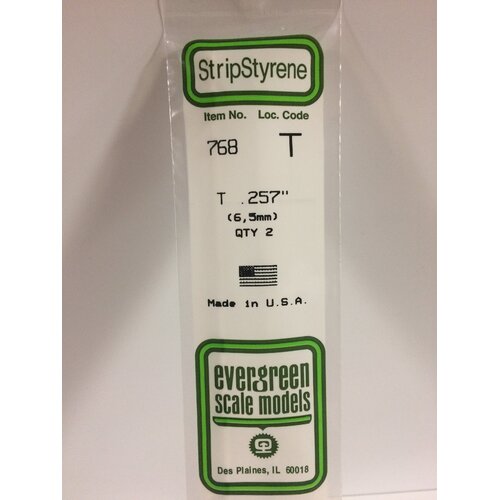 Evergreen - Styrene strip T profile 0.257in/6.5mm x 14in/35cm 4pc - #768