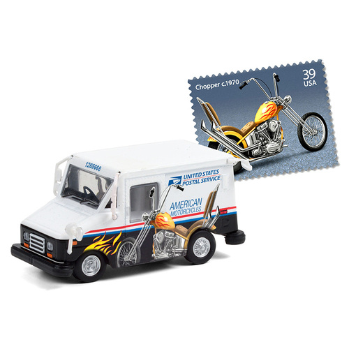 Greenlight - 1/64 United States Postal Service (USPS) Long-Life Postal Delivery Vehicle w/American Motorcycles Collectible Stamps Livery