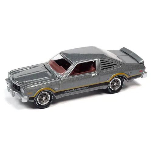 Johnny Lightning - 1/64 Muscle Cars USA - 1976 Plymouth Road Runner (Silver Cloud Poly w/Black & Orange Side Stripes)