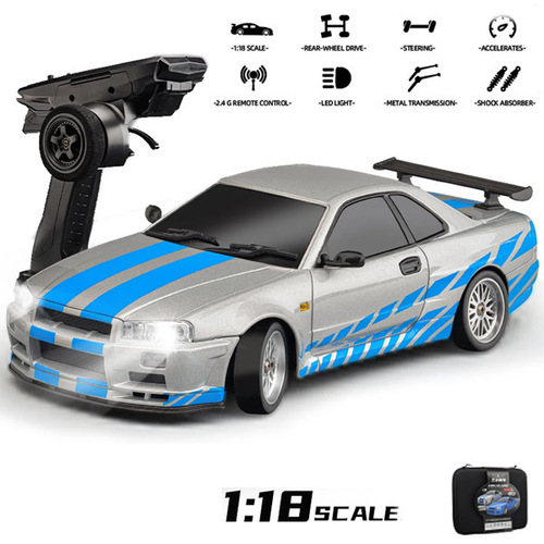 LDRC - 1/18 R34 GTR Drift Car RTR With Gyro Silver Metal Body 1899S