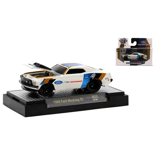 M2 Machines - 1/64 Ground Pounders Release 23 - 1969 Ford Mustang GT in Wimbledon White with Black, Gold, and Blue Graphics